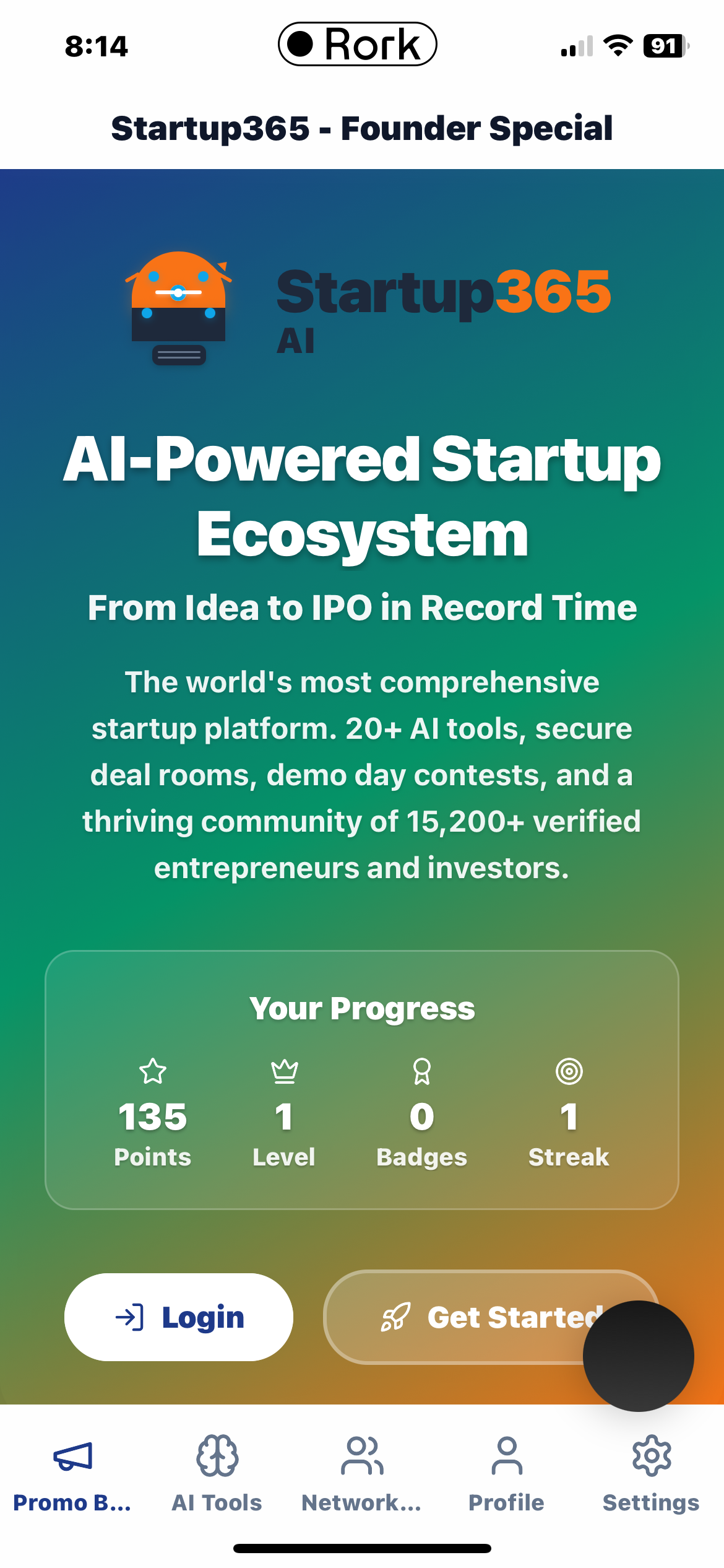 Startup365 app dashboard showing AI-powered startup ecosystem