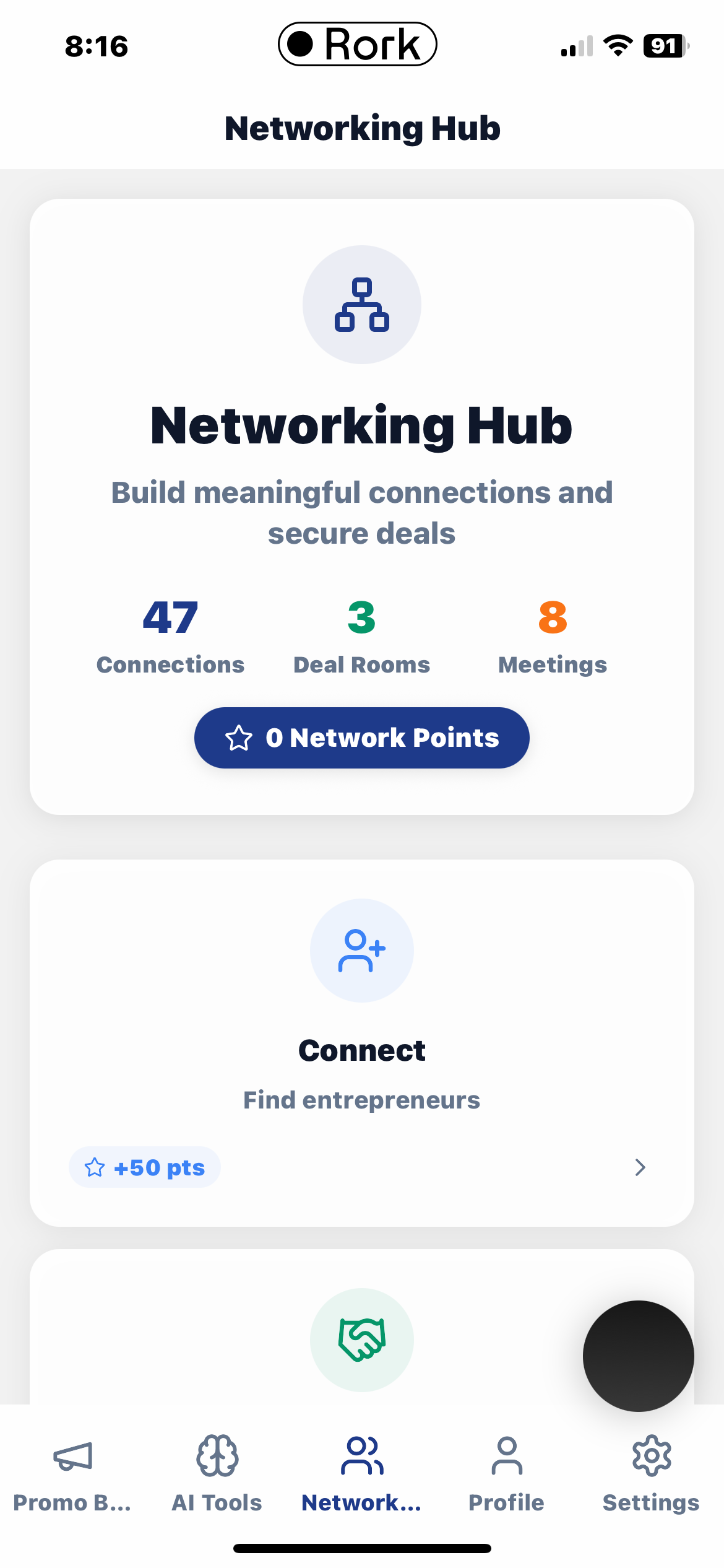 Networking Hub with deal rooms, demo contests, and events