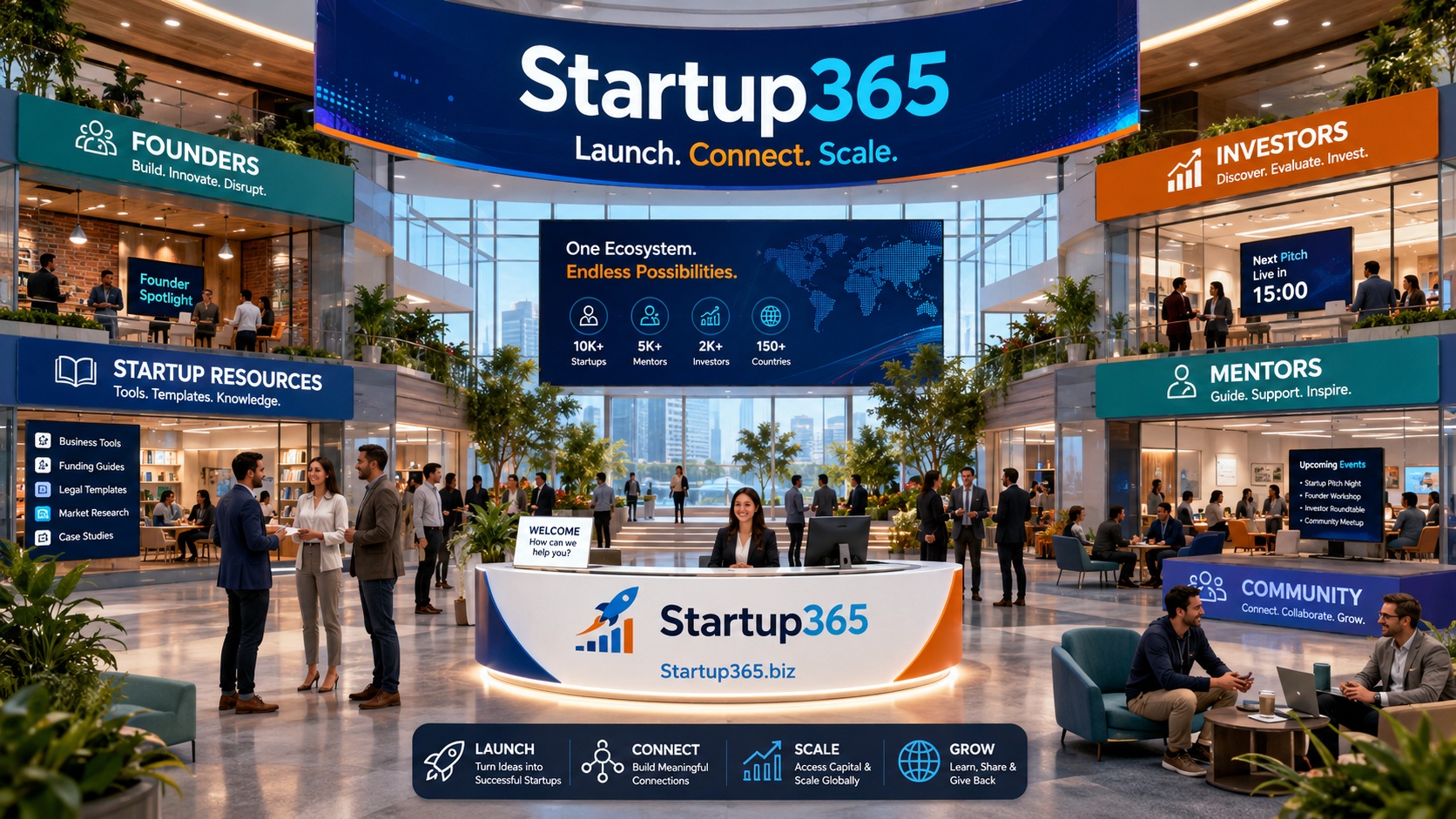 Startup365 virtual expo lobby with founders, investors and mentors networking around the central welcome desk